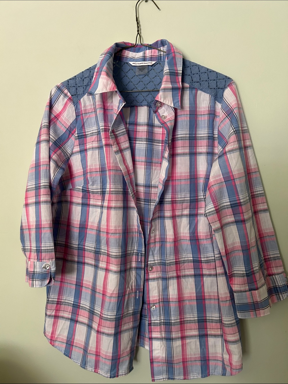 Allison Daley Pink, Blue & White Plaid Shirt with Crochet Yoke